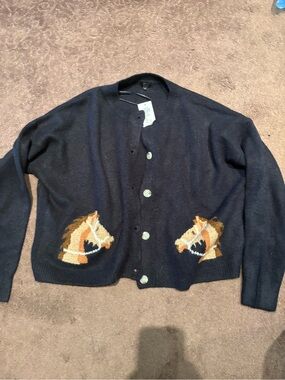 debut Navy Cardigan Sweater with Embroidered Horse Heads